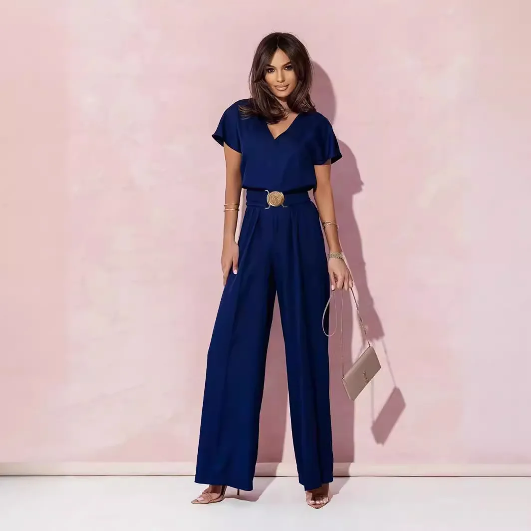 Women\'s Elegant Jumpsuit Wide Leg Pants Casual Solid Color V-neck Waist Short Sleeve Long Pants Jumpsuit