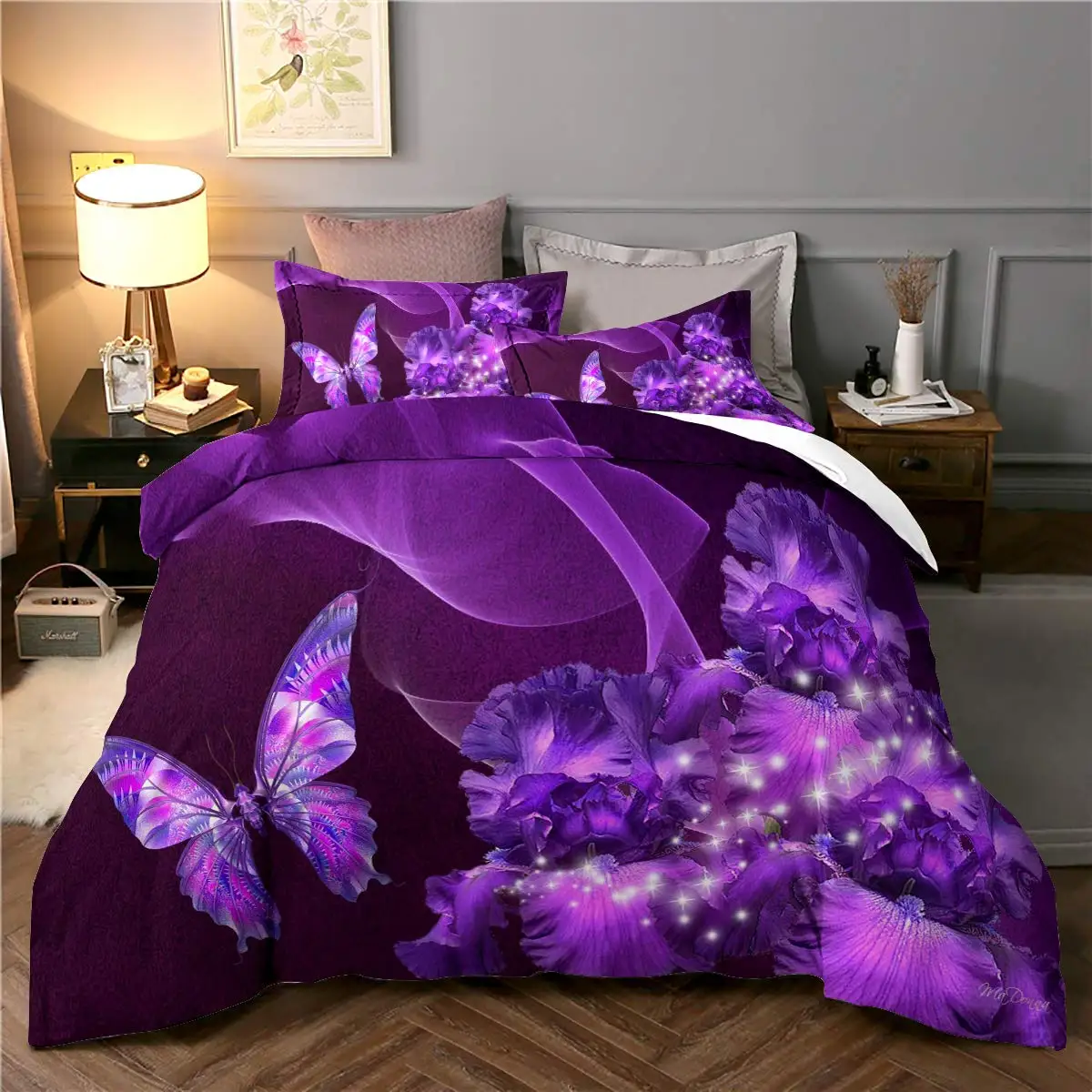 3D Dreamy Night Galaxy Purple Butterfly Printed Purple Flying Duvet Cover Bedding Set for Kids Girls Teens Adults 3 Duvet Cover