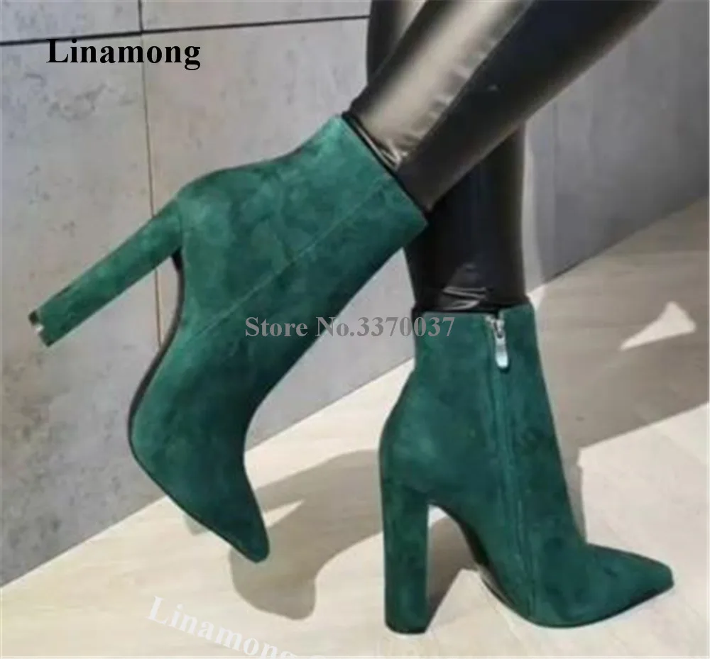 Suede Chunky Hak Korte Laarzen Linamong Vrouwen Elegant Puntschoen Groene Dikke Hak Enkellaarsjes Rits-Up Jurk Hoge hakken