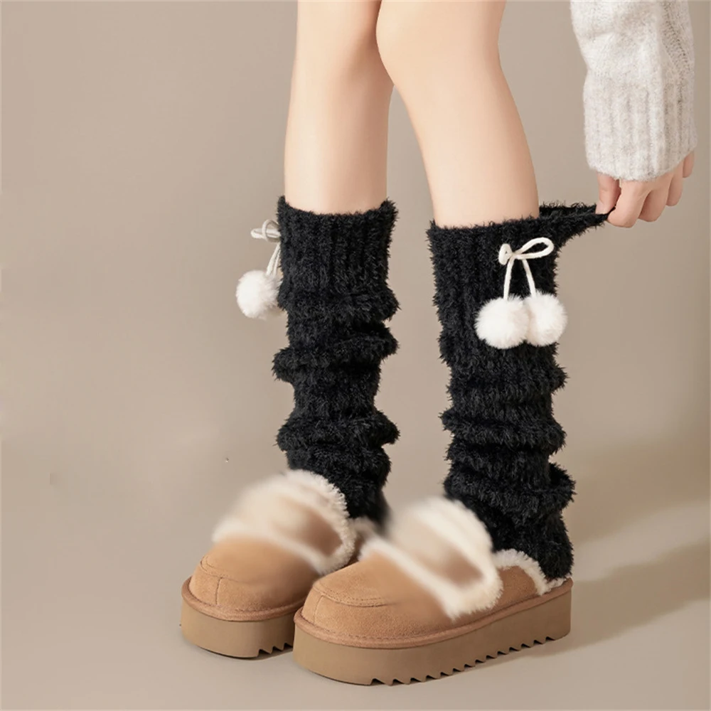 Women Autumn Winter Warm Coral Fleece Pile Leggings Bow Socks Covers Plus Velvet Thickened Sleeping Long-tube Calf Leg Warmers