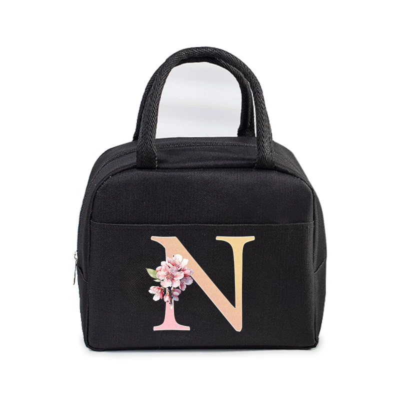 Cherry Blossom Letter N-Z Print Women Men Lunch Bag Fashion Alphabet Portable Insulated Bag School Multifunctional Bento Handbag