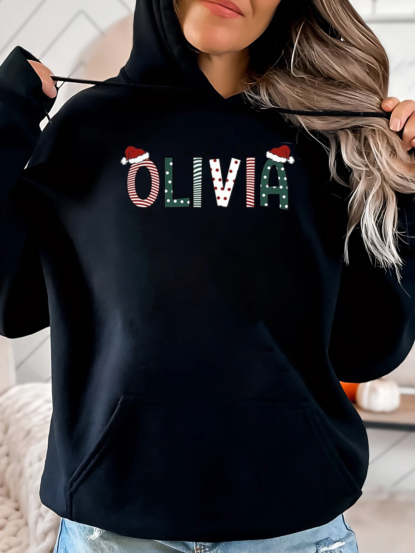 Gorro navideño de Papá Noel con estampado de Olivia, sudadera con capucha para mujer, ropa informal de vacaciones, color negro, talla grande