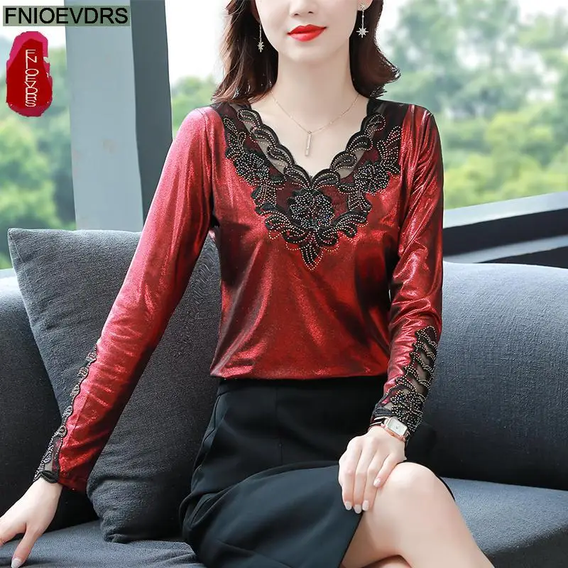 S-3XL Women 2023 Winter Basic Shirts Slim Elegant Office Lady Black Lace Bling Retro Vintage Warm Velour Red Velvet Tops Blouse