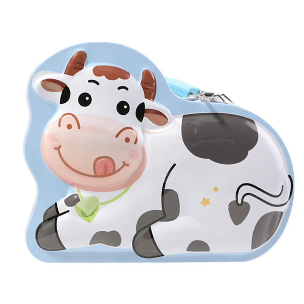 1Pcs Milk Cow Money Box Tinplate Piggy Bank Children Saving Box Fun Cartoon Design Easy Open Lid Banknotes Coins Storage Gift
