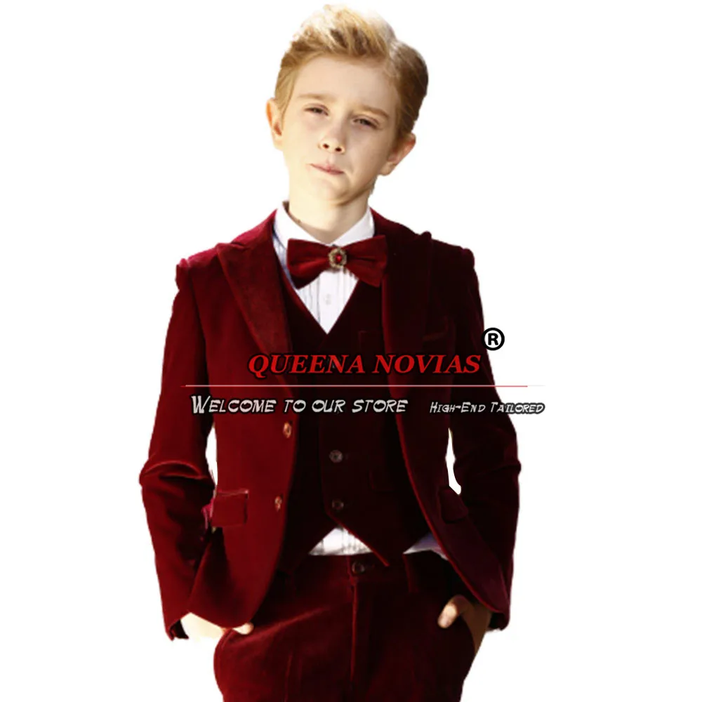 Boys Suits For Weddings Burgundy Velvet Jacket Vest Pants 3 Pieces Children Party Dress Kids Formal Tuxedos Tailor-Made Clothing