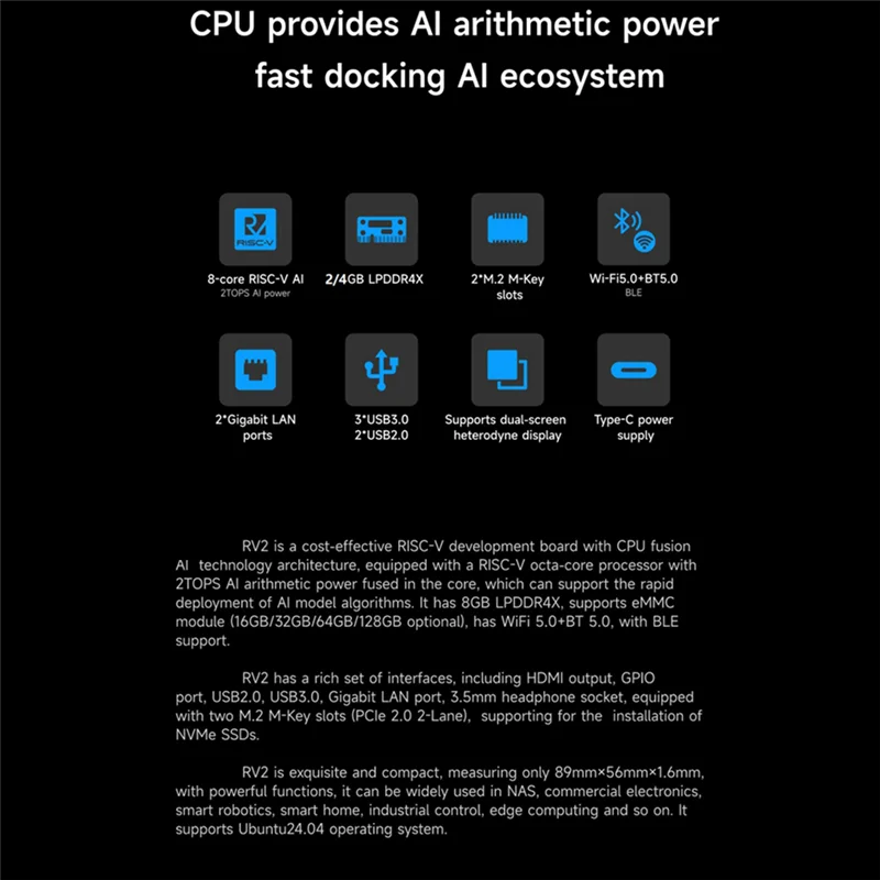

Надежная плата для разработки Orange Pi RV2 + радиатор RISC-V 2TOPS AI CPU Wi-Fi BT5.0 M2 PCIE SSD Mini PC Поддержка Ubuntu OS 4G