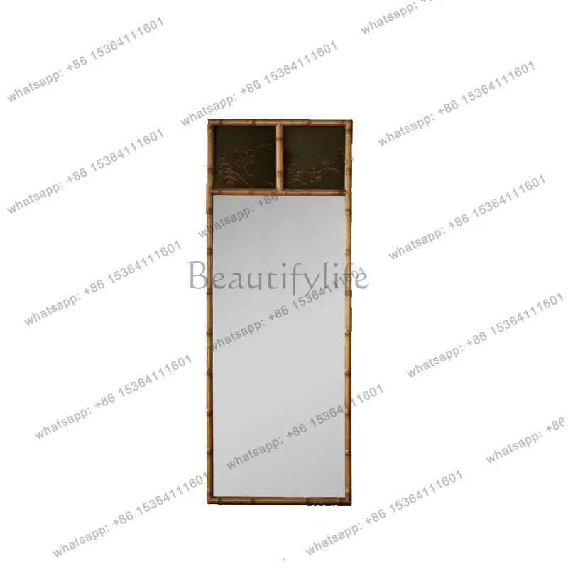 Classical retro new Chinese style mixed and matched painted bamboo square hanging mirror decorative mirror