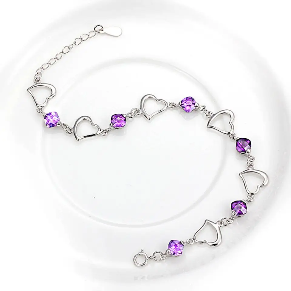 

Top Quality 925 Sterling Silver Bracelet Heart Purple Crystal Zircon Chain Party Engagement Jewelry
