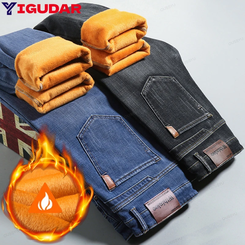 Brand Clothing Winter Warm Fleece Jeans Men Business Thicken Stretch Pants Blue Denim Pants Velvet Flocking Plush Trousers Male