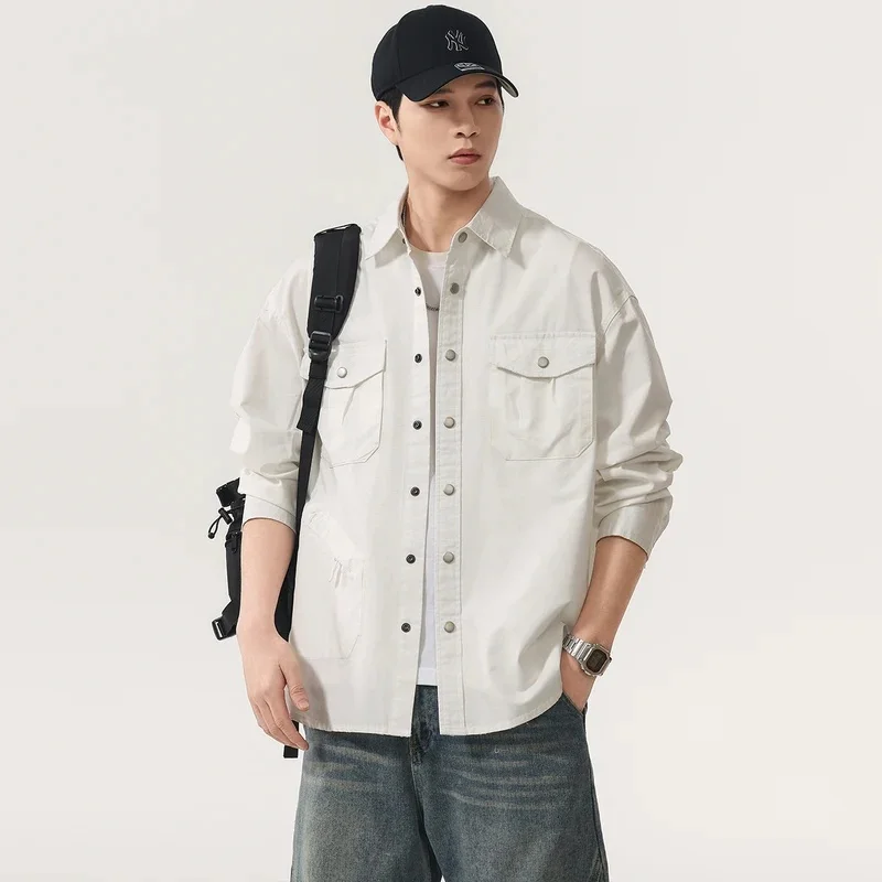 Men's Loose Long Sleeve Casual Fashion Outdoor Oversize Vintage Pure Cotton Cargo Shirt Jacket Cityboy Japanese Streetwear Shirt