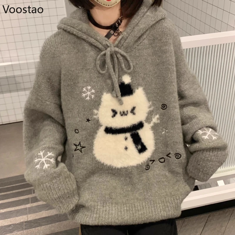 

Autumn Winter Kawaii Lolita Style Knitted Pullovers Women Sweet Christmas Cartoon Hooded Sweaters Tops Loose Cute Knitwear Coat