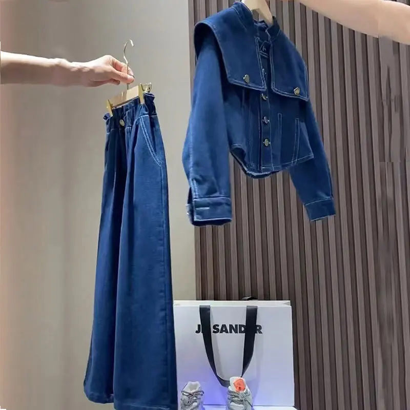 Girls' Fashion Jeans Suit Spring and Autumn 2025 New Style Children's Fashion Girls' Wide Leg Pants Two Piece Set