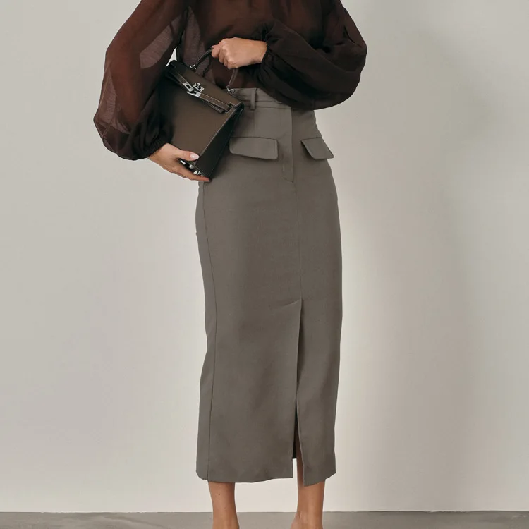 2026 Fashion Khaki Slim Skirts For Women Elegant High Waisted Zipper Solid Skirts Casual Pocket Straight Mid-Calf Skirt Female