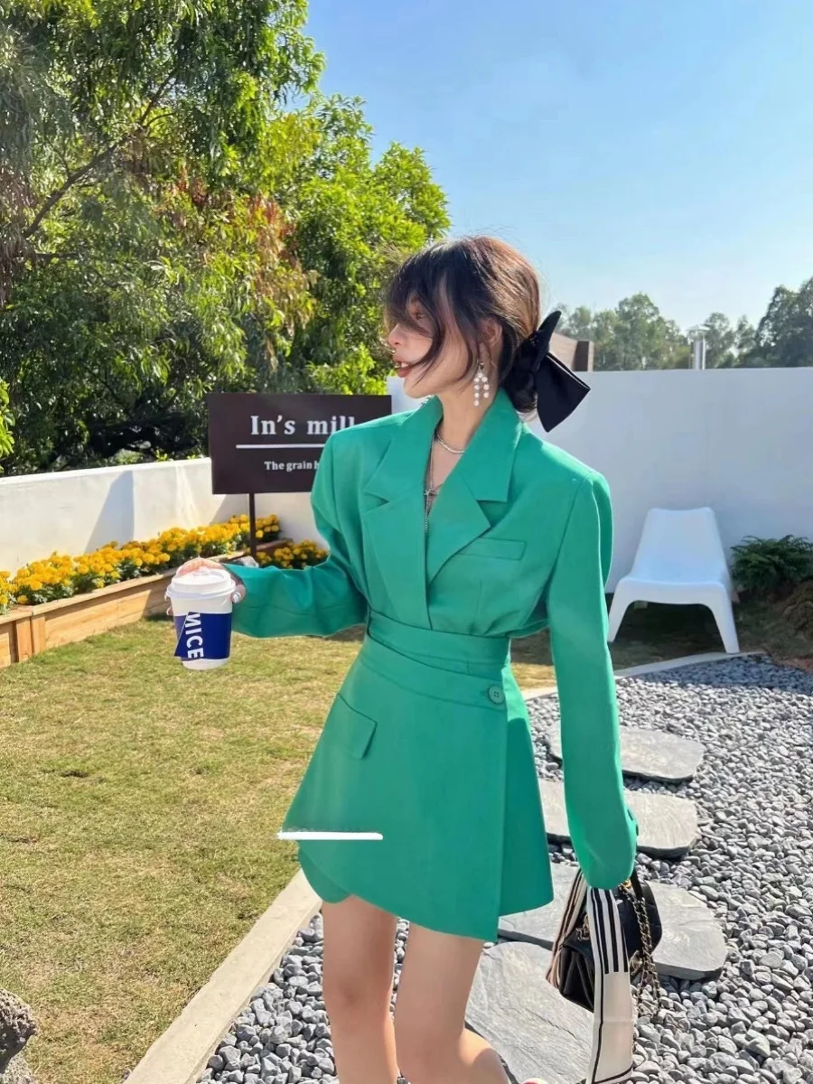 

Spring Autumn 2025 Slim Fit Korean Design Uneven Waist Cinching Two Piece Set Suit Dr Casual Commute Sle Long Sve