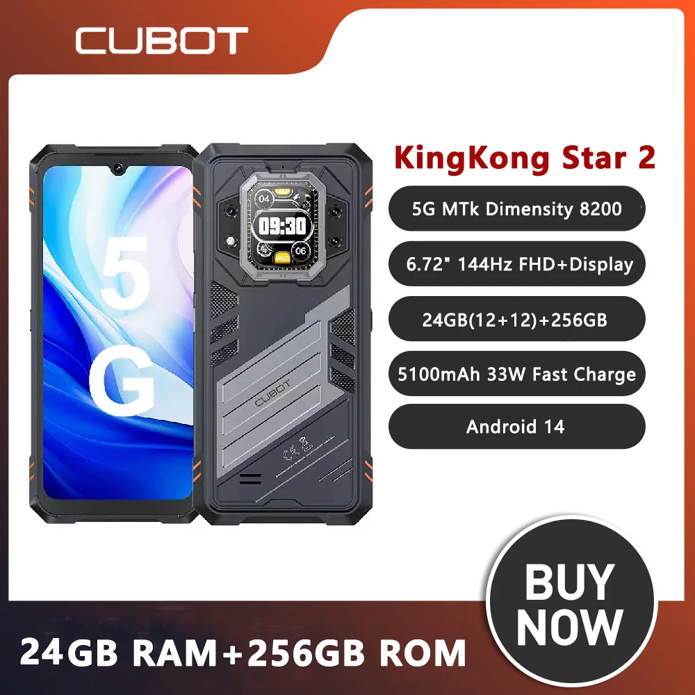 Cubot KingKong Star 2 Ultra-Slim Rugged 6.72"144Hz Display 5G Smartphone 4nm MTK D8200 24GB 256GB NFC Smart Phone Global version