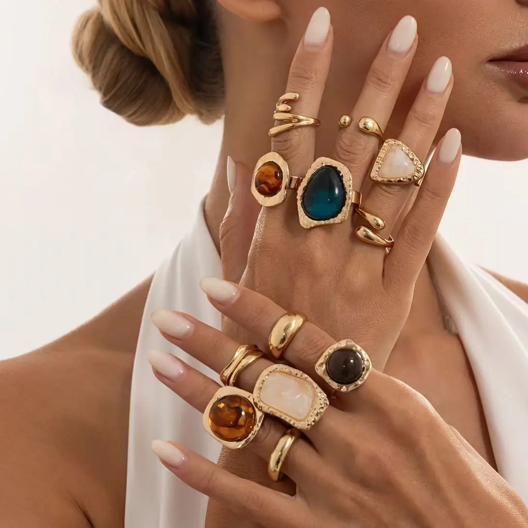 KunJoe 12Pcs/Set Vintage Irregular Gold Color Smudging Inlay Stone Metal Open Rings Women Boho Hammered Stack Ring Jewelry Gifts
