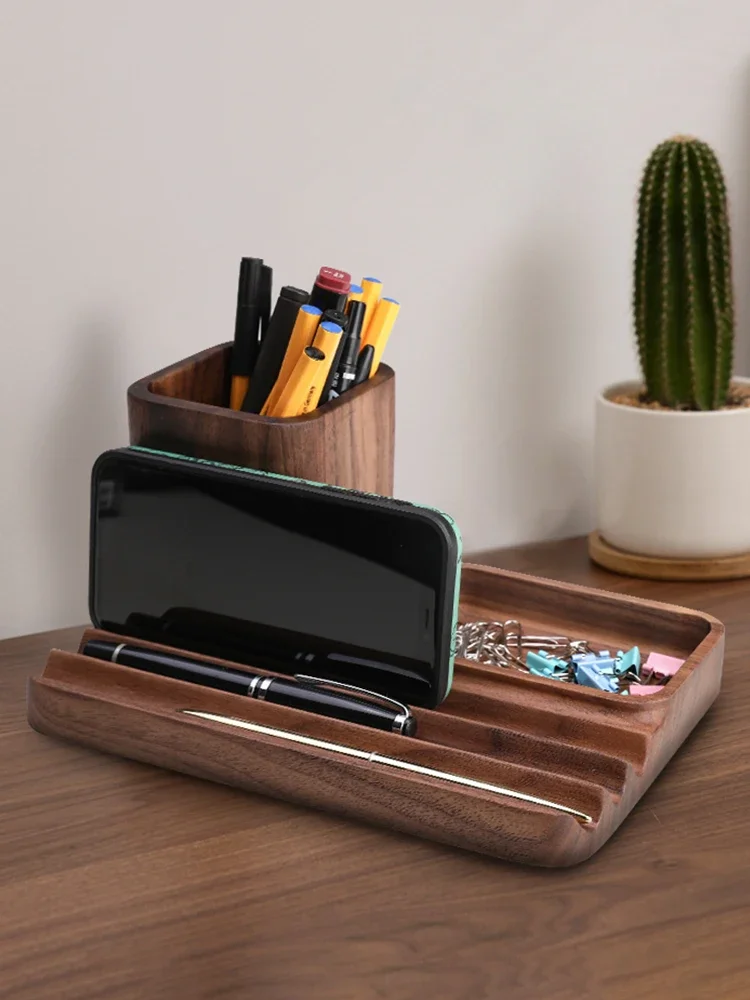 Solid wood pen holder, office desk stationery, makeup brush, storage box, light luxury wooden storage can, creative gift