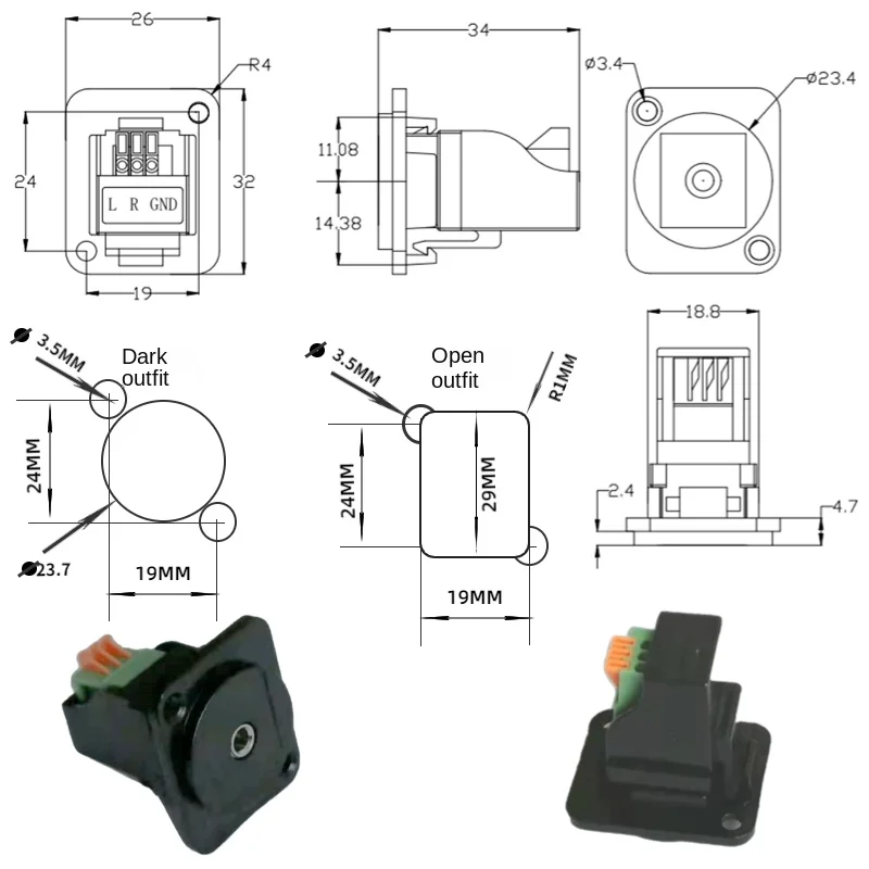 Fone de ouvido com plugue reto, D-Type Audio 3.5, fêmea para fêmea, módulo porca fixa, preto e prata