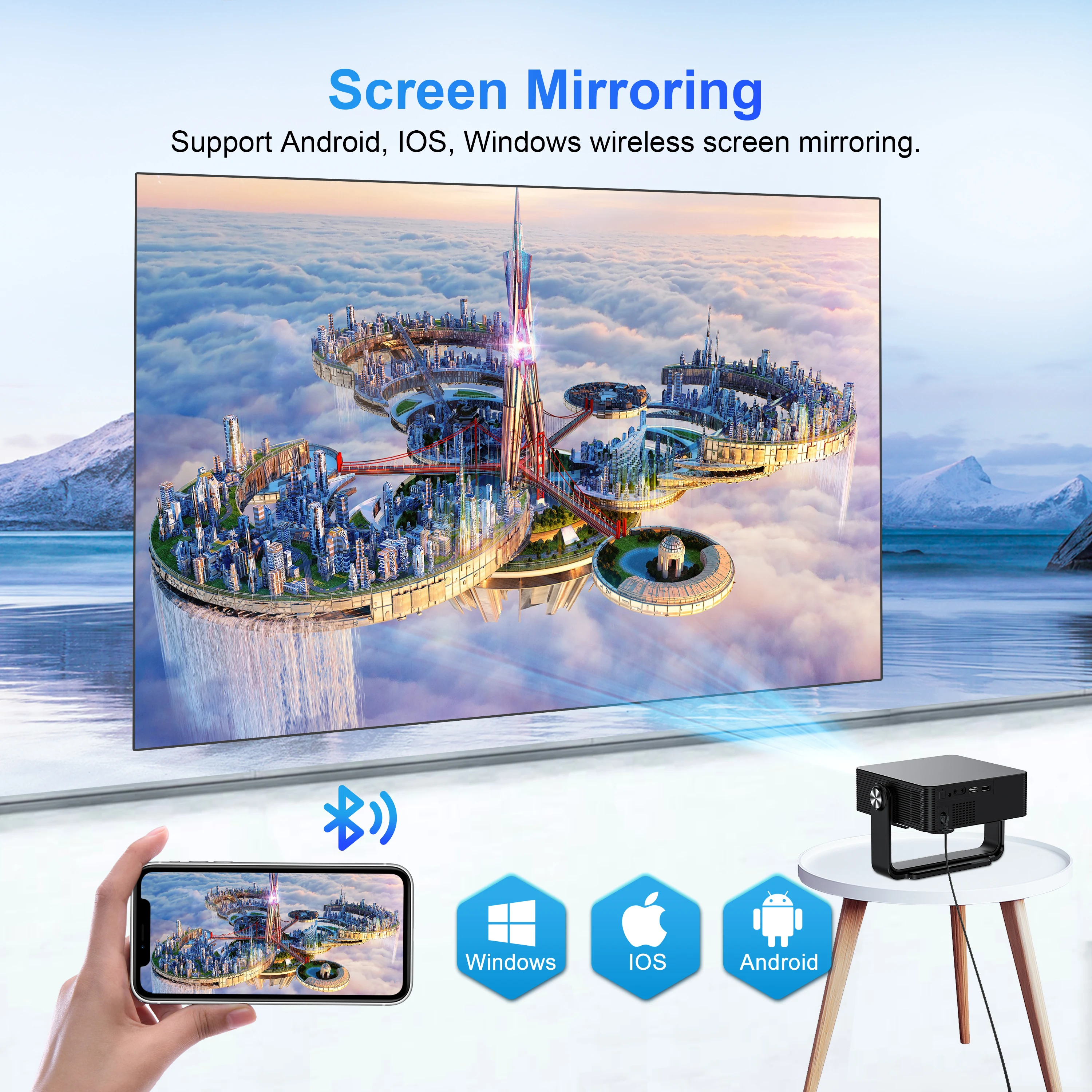 Portable Projector 360° Smart Projector HD 4K Android 13 System WIFI 5.8G BT5.2 with Stand for Home Theater Mini Projectors