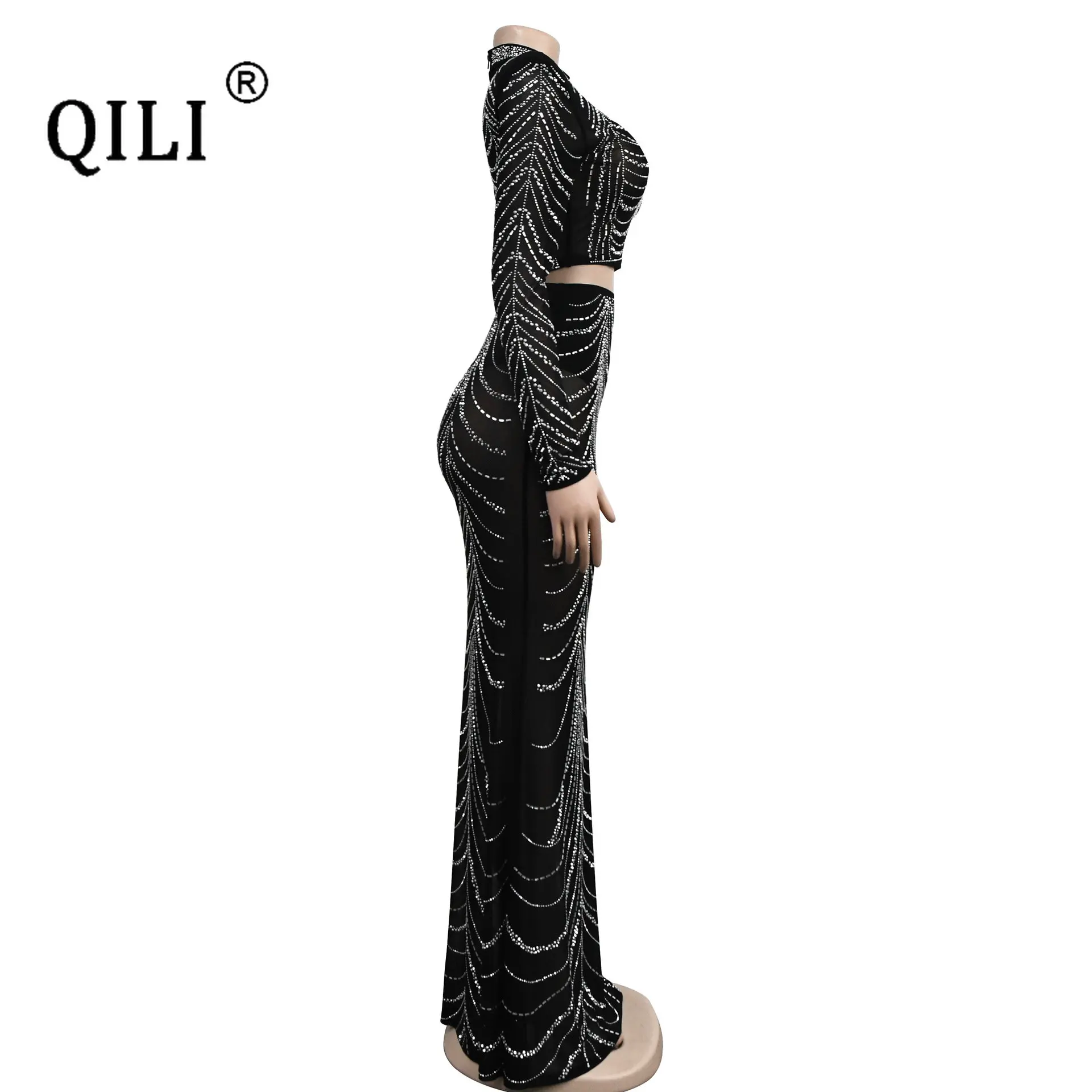 QILI-Diamonds Rhinestone Sets for Women, Dress Top and Long Skirt, Matching Sets, Party and Club Outfits