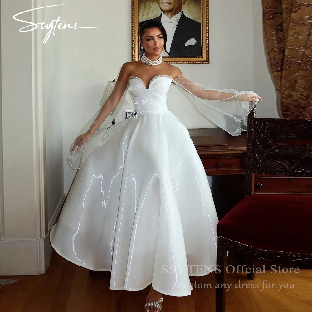 

SSYTENS Shiny Satin Wedding Dresses Long Sleeves Ankle Length Bridal Gowns Off-Shoulder Vestido De Noiva Customized Bride Dress