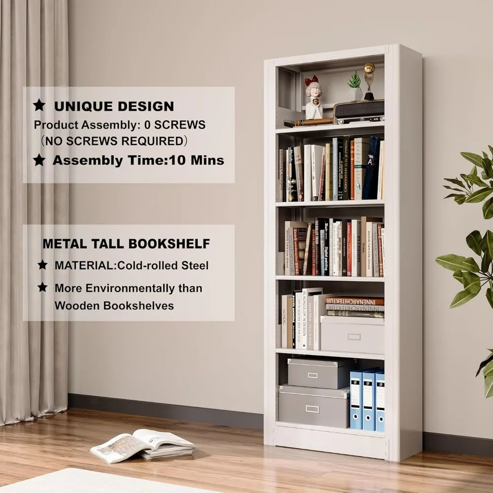 رف كتب طويل من المعدن الأبيض مكون من 5 طبقات لتخزين المكاتب - منظم قائم بذاته مع مساحة واسعة للرفوف