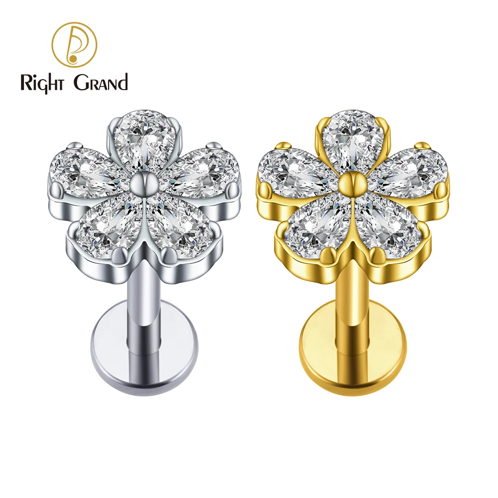 Right Grand ASTM F136 Titânio 16G Flor CZ Labret Medusa Monroe Piercing Hélice Cartilagem Conch Tragus Lobe Brinco Stud