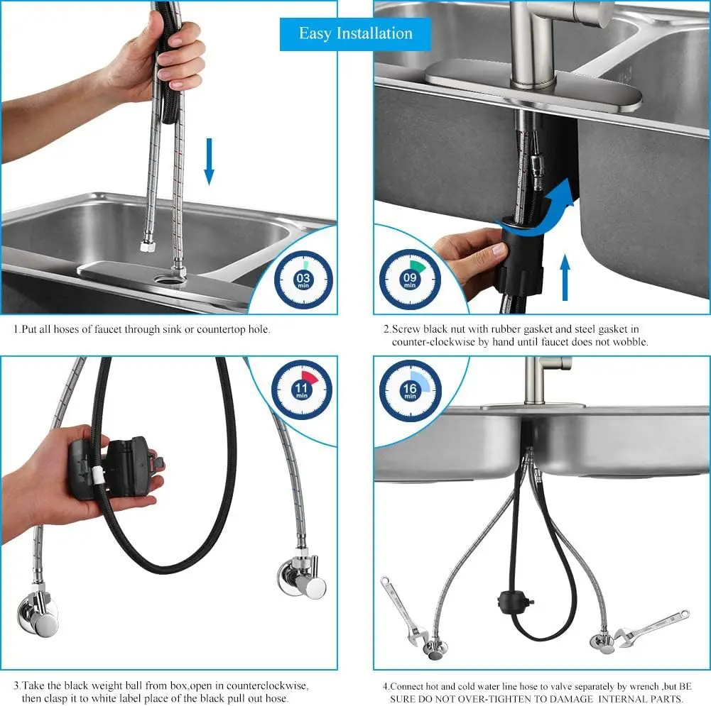 Torneira de cozinha quente com pulverizador pull down-riscos de pia de cozinha de níquel escovado 1/3 furo alça única aço inoxidável de arco alto