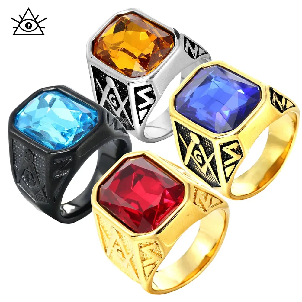 Европейский и американский масонский красный зеленый синий черный квадратный драгоценный камень титановая сталь мужское кольцо ретро кольца