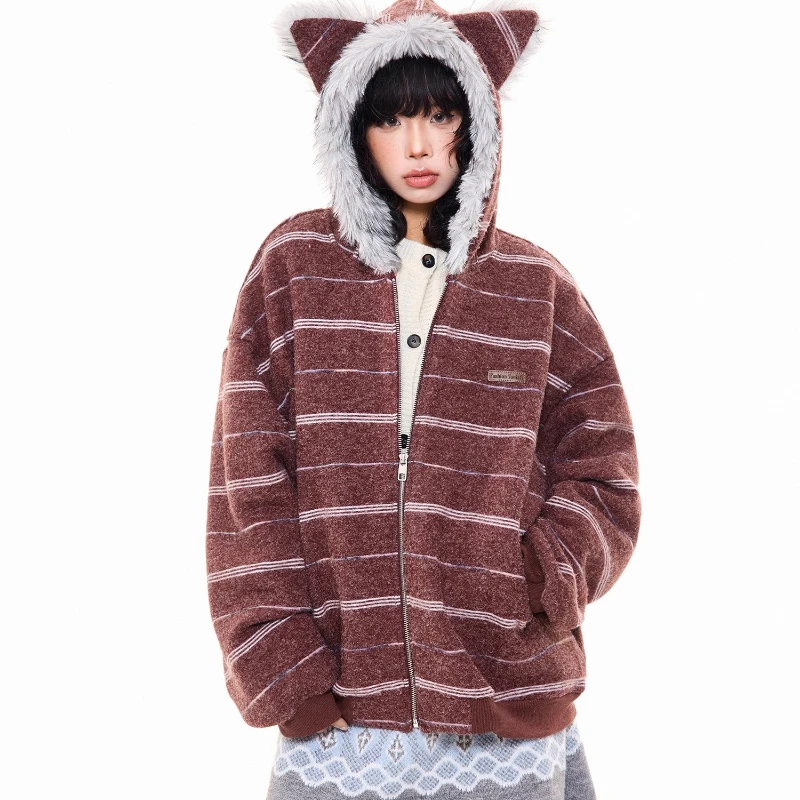 الأمريكية الرجعية تصميم فروي الأذن مقنعين الصوف المرأة البلوز 2025 الخريف الشتاء جديد فضفاض Y2k تنوعا الدافئة جاكيتات السيدات