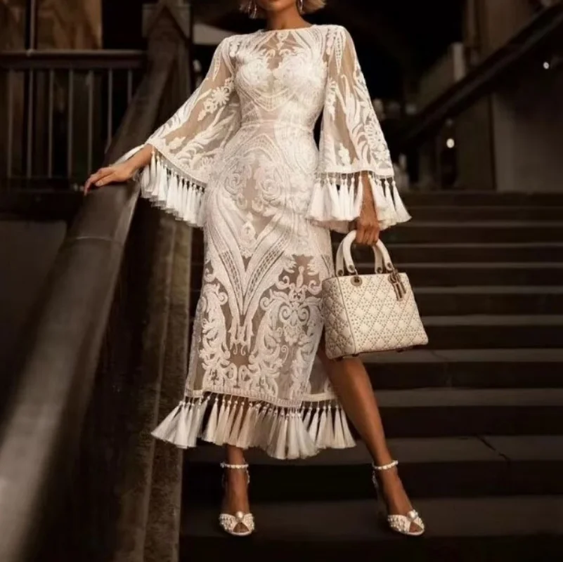 

Elegant Long Lace Embroidery Dress with Fringe for Women Vintage Sexy Banquet Evening Wedding Party Prom Robe Vestidos