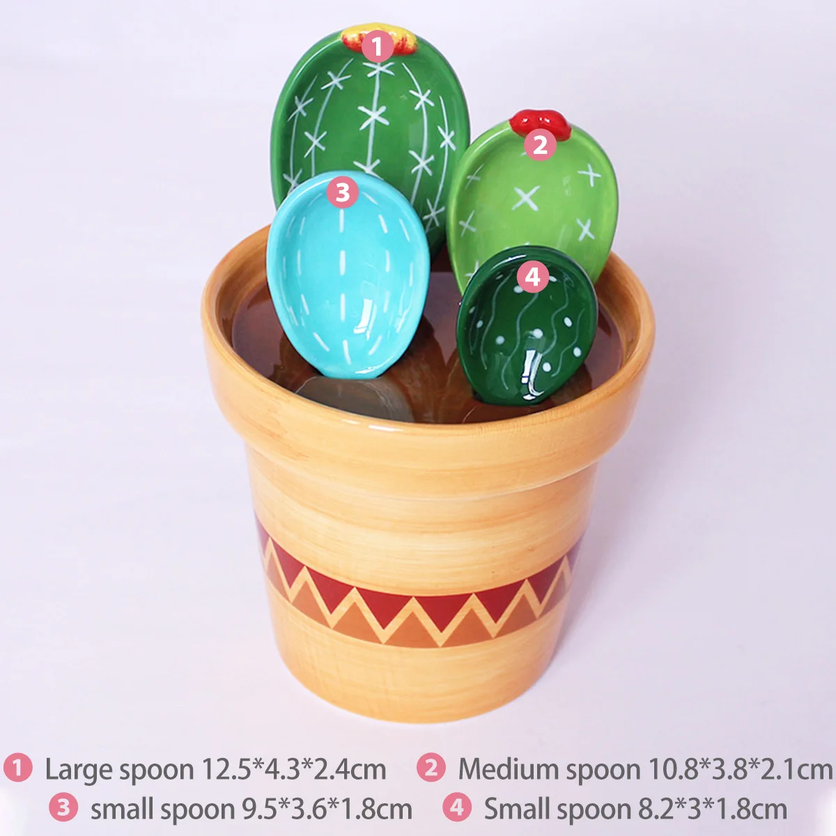 4Pcs Porcelain Measuring Spoons Set with Base Cute Cactus Shape Stirring Soup Spoon Reusable and Durable for Kitchen Tools