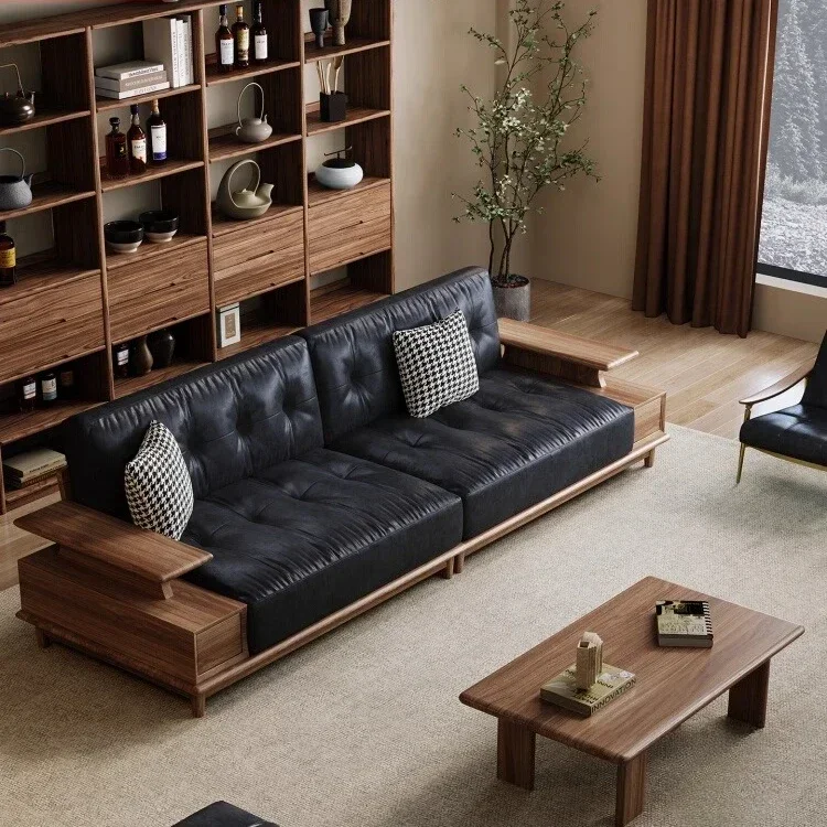 TTLiving room black walnut leather small apartment new Chinese fabric straight row sofa