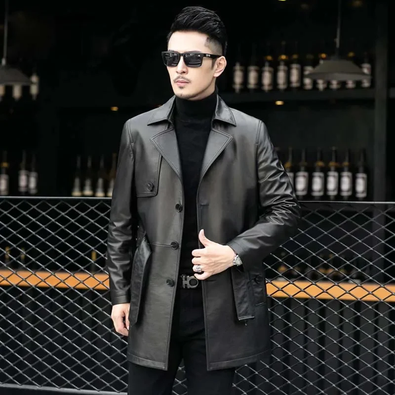 New Men's Mid-Length First Layer Cowhide Trench Coat Genuine Leather Single Breasted Black Business Casual Jacket plus Size 6XL