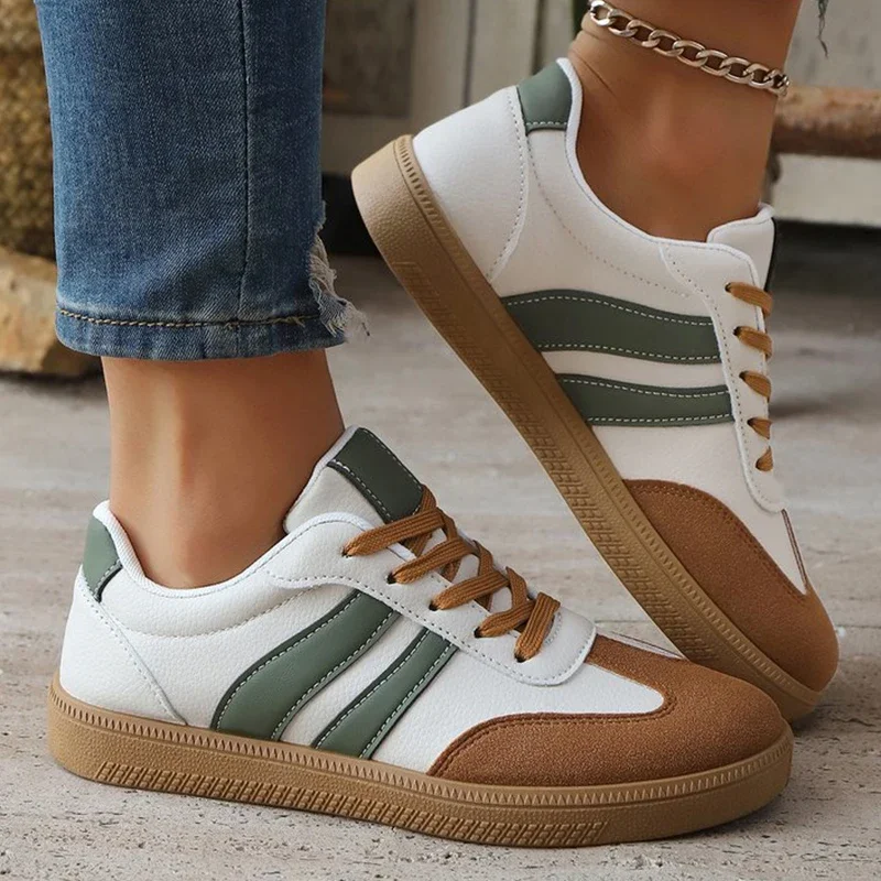

Concise Patchwork Sneakers Women Fashion Pu Leather Striped Sports Shoes Woman Low Top Lace Up Vulcanize Shoes Female