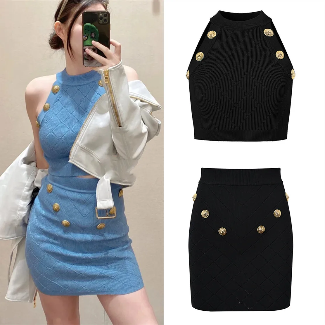 

Ele High-Waisted Knitted Vest And Skirt Set with Slimming Blue Color for Women Autumn Winter Faion Focus Item