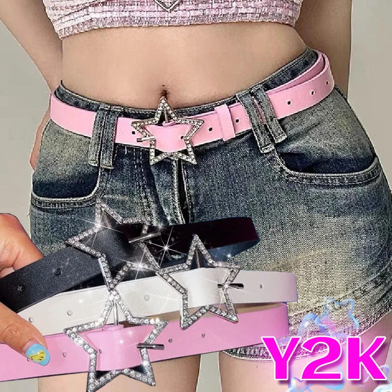 Pink Black White Star Belt Y2K Belts for Women Girls Denim Star PU Leather Rhinestones Belt Ins Sweet Cool Corset Jeans Belts