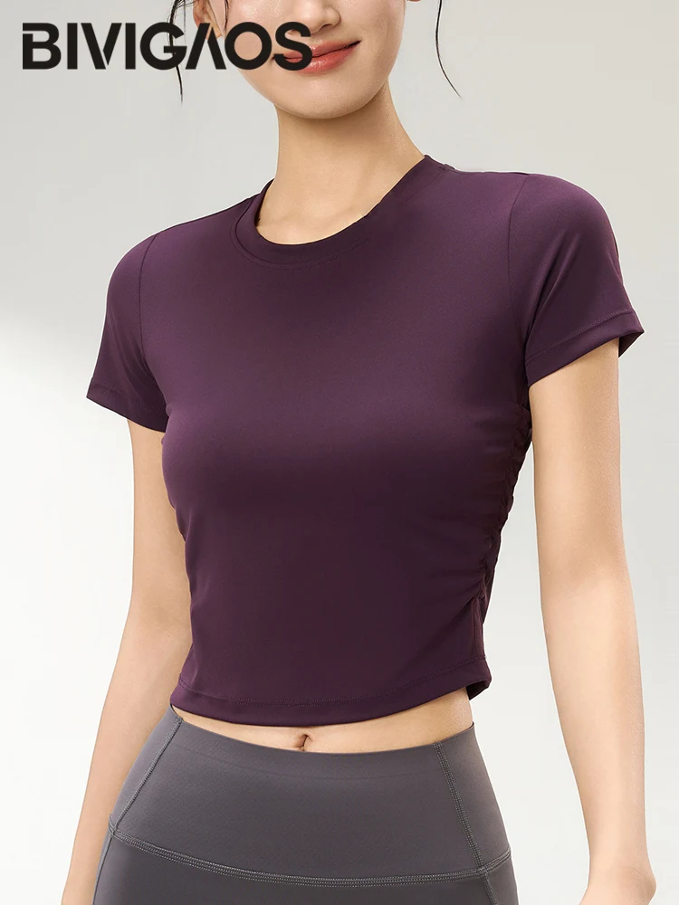 BIVIGAOS Spring Summer New Short Sports T-Shirt Crop Top Womens Round Neck Tight Fitting Quick Drying Yoga Short Sleeved Tshirt
