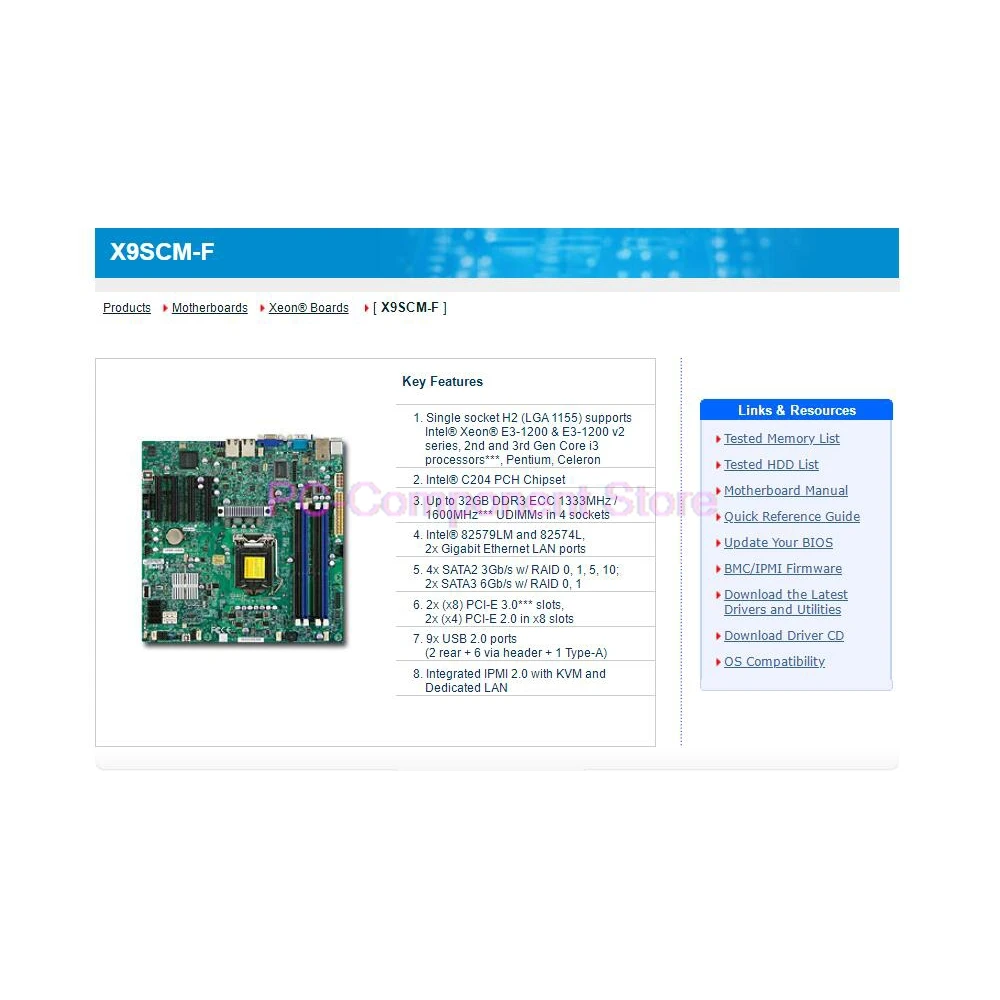 Server Workstation Motherboard Single Socket H2 LGA1155 Supports E3-1200 E3-1200 V2 Series X9SCM-F