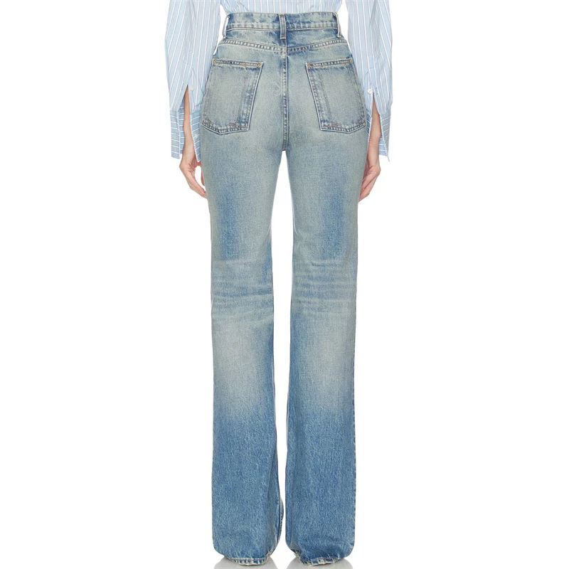 Women's Mid-Rise Washed Cotton-Blend Jeans Slim-Fit Slightly Stretchy Flared Floor-Length Trousers Stylish Autumn High-Quality