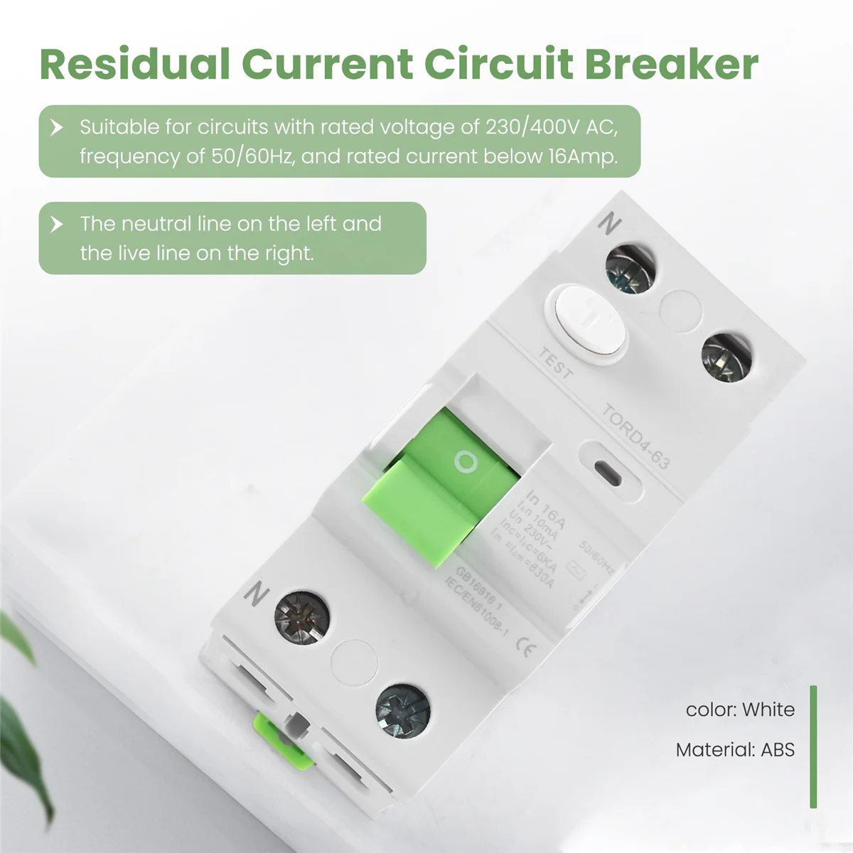 AC 2P 6KA RCCB RCD 230V Residual Current Circuit Breaker Differential Breaker Switch TORD4-63, 2P 16A 10MA