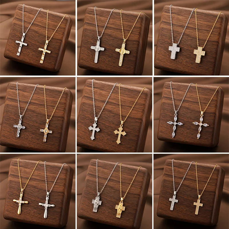 Classic Micro Inlaid Zirconia Cross Pendant Necklace for Women Fashion Luxury Titanium Steel Collarbone Chain Jewelry Gift