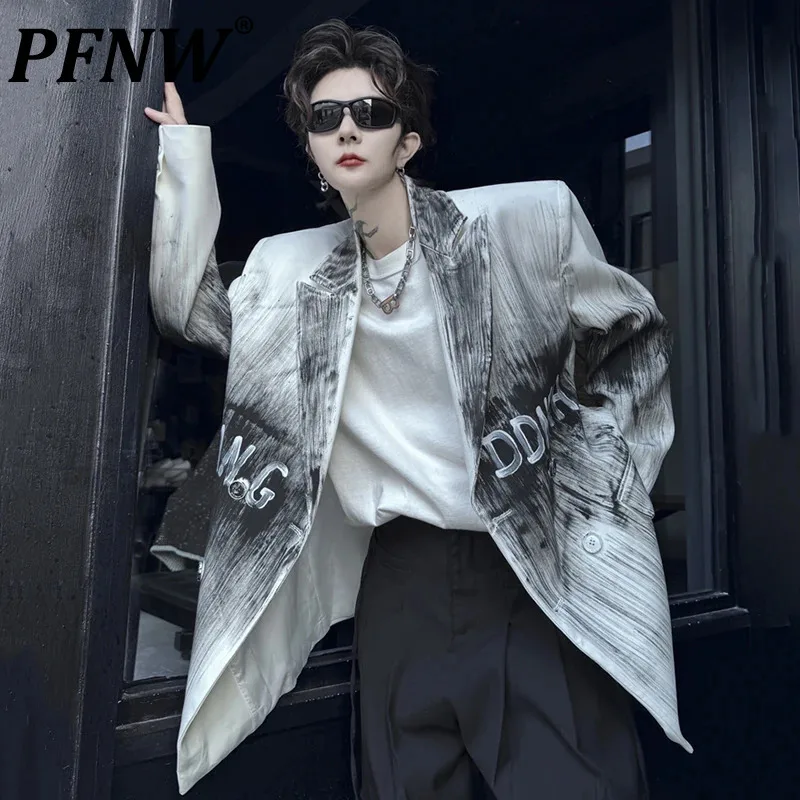 

PFNW Personality Letter Design Male Suit Jacket Casual Turn-down Collar Gradient Color Men's Blazer New Chic Summer 2024 9C4154