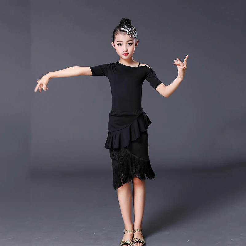 어린이 라틴 댄스 스커트 소녀 스플릿 라틴 술 댄스 스커트 훈련 의류 경쟁 공연 의류