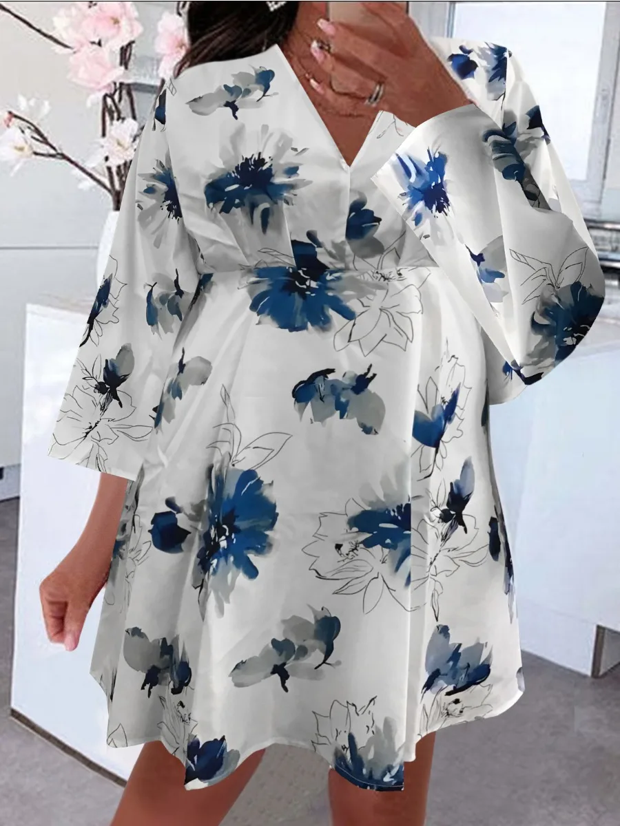 

LW Elegant Dress Floral Print Three Quarter Sleeve V Neck Loose Fit Mini Dress Elastic Waist Sweet A Line Dresses