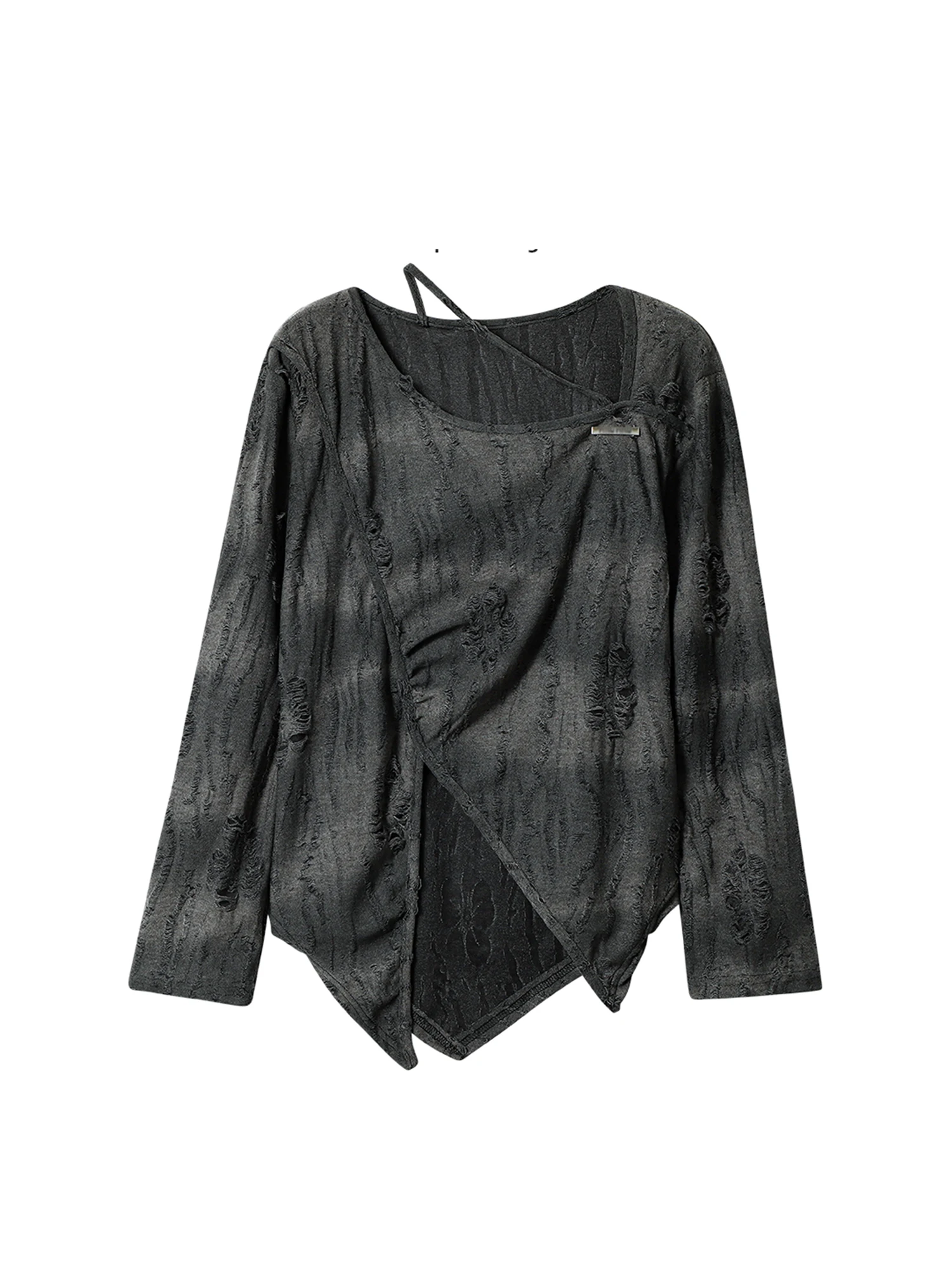 تي شيرت نسائي رمادي Y2k Gyaru تي شيرت عتيق جمالي Harajuku تي شيرت بأكمام طويلة غير متماثل ممزق تي شيرت 2000s ملابس الخريف