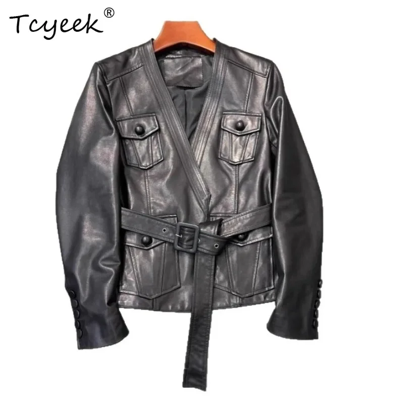 Tcyeek Vegetable Tanned Sheepskin Coats Fashion Genuine Leather Jacket Women V-neck Slim Fit Autumn Woman Clothes Belt Chaquetas