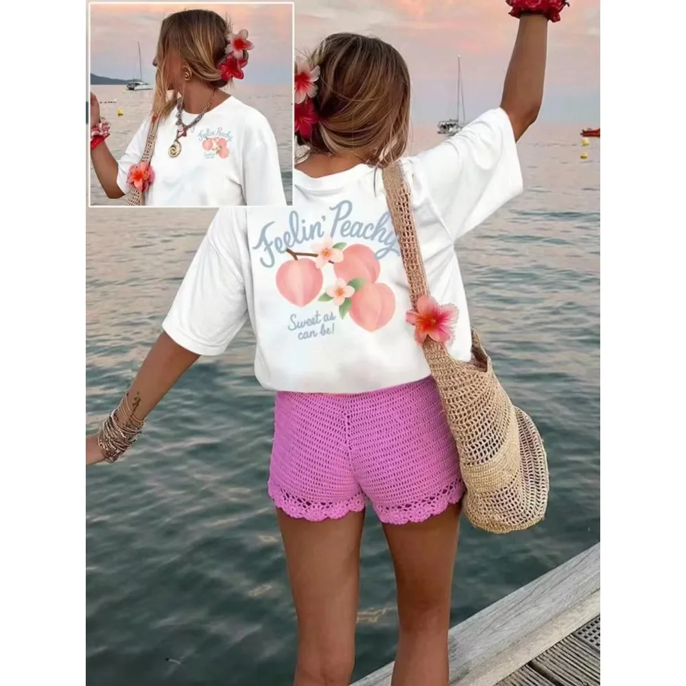Sweet Peachy Quote Print T-shirts Crew Neck Short Sleeve Summer Fruit Graphic Tee for Casual Outdoor Daily Holiday Street Style