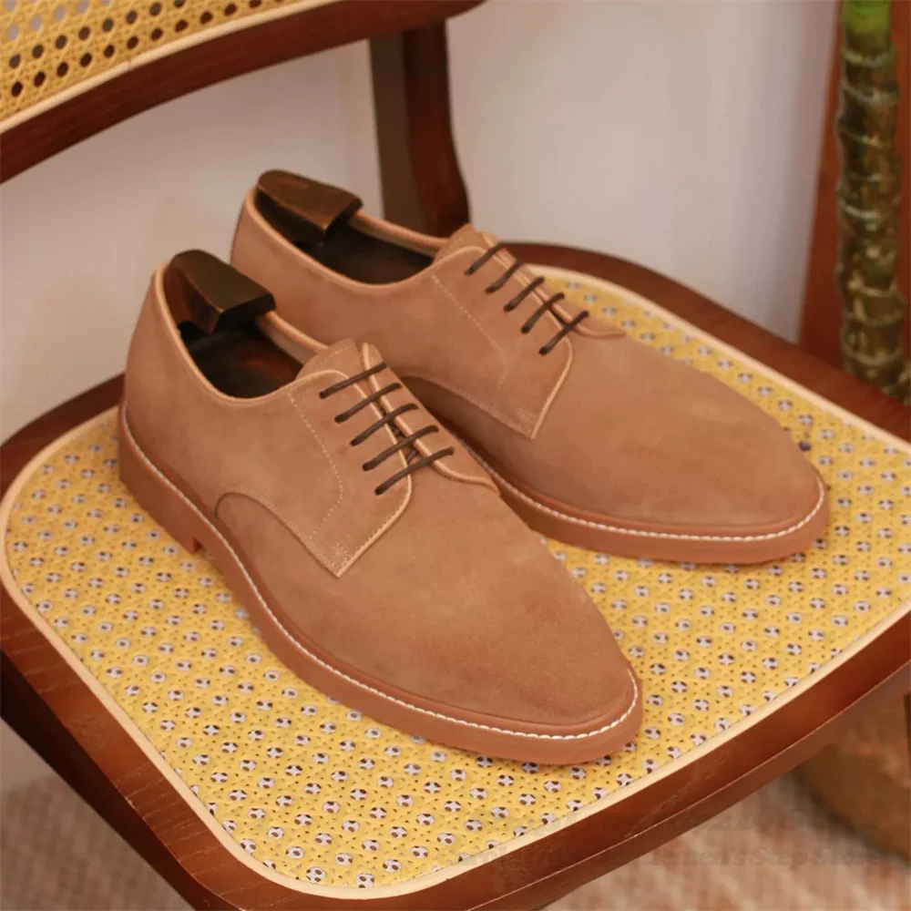 

British Versatile Retro New Genuine Leather Cow Suede Carving Formal Wear Business Men's Derby Shoes Lace Up Solid Color Shoes