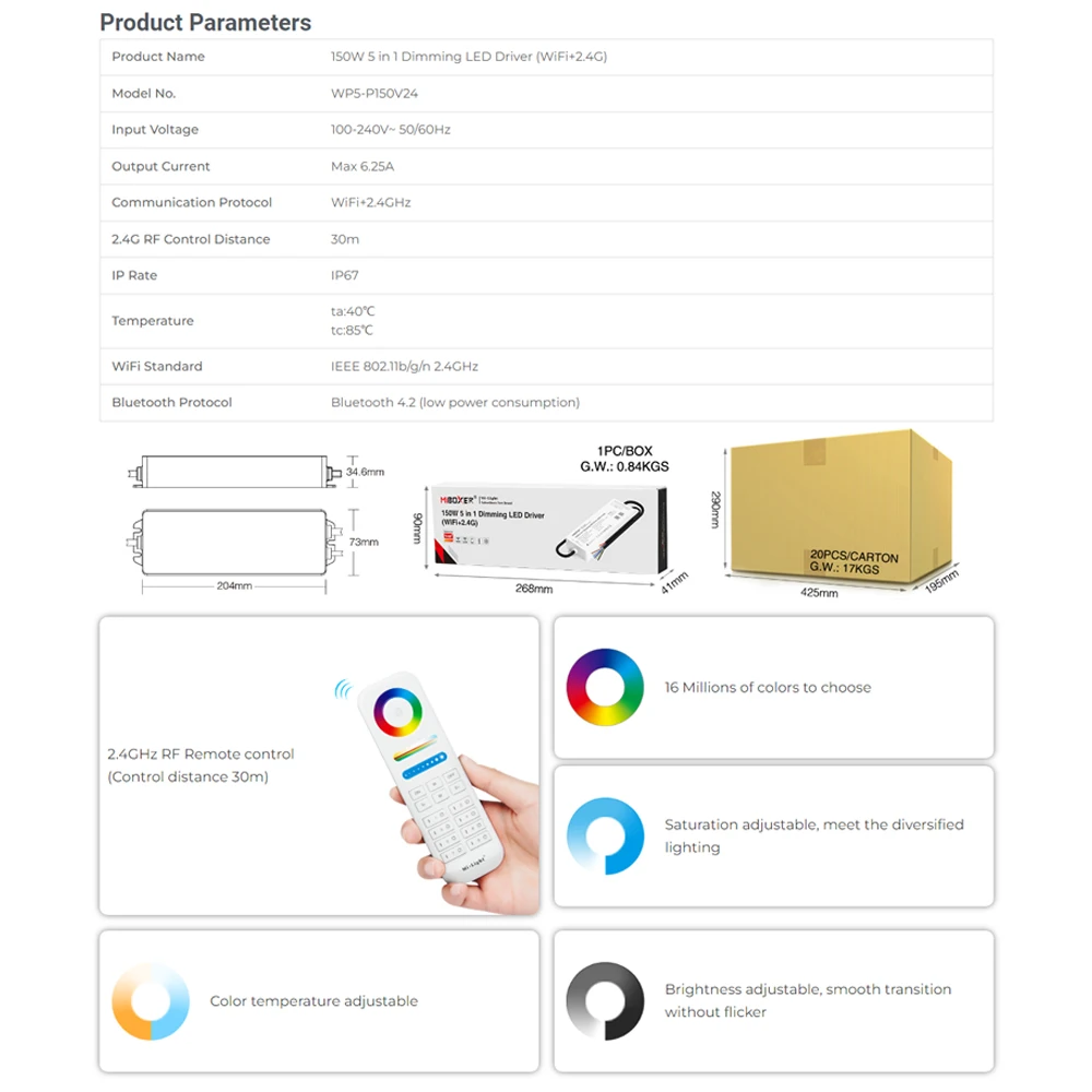 MiBoxer WP5-P150V24 Tuya Smart 24V 150W WiFi+2.4G Dimmer Waterproof Driver for Single Color/Dual White/RGB/RGBW/RGBCCT LED Strip